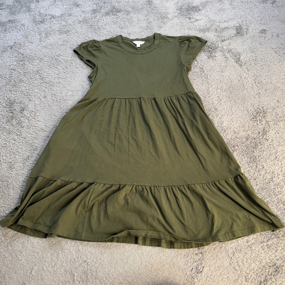 Time and Tru Women Tiered Knit Dress S 4-6 Olive Green Cotton Pockets Cap Sleeve